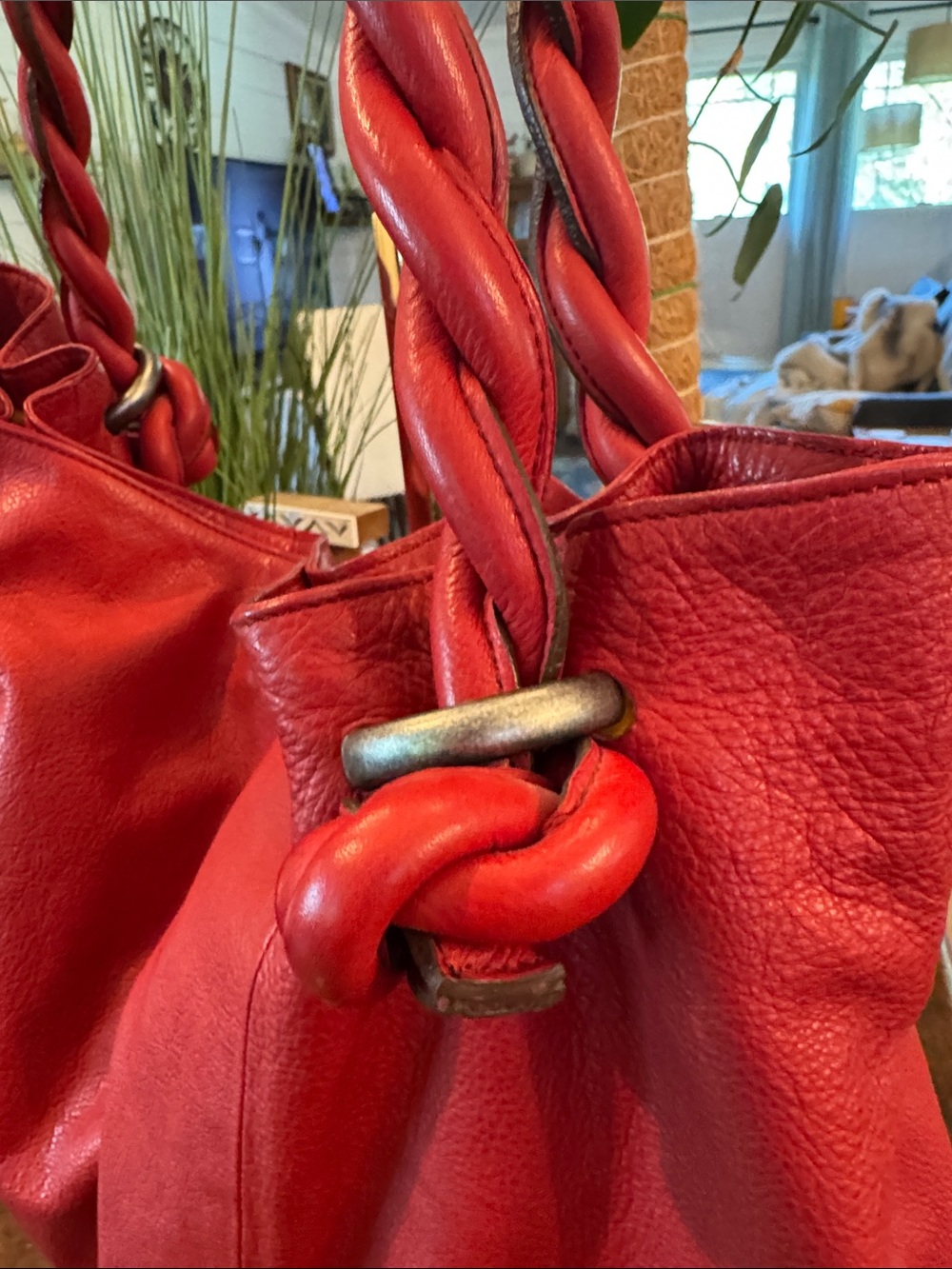LUPO Barcelona Red Leather Hobo Tote - Signature Braided Strap Handbag - Picture 3 of 11